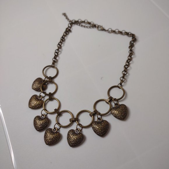 Dark Gold Tone Dangling Hearts Necklace Adjustable 17.5 To 19 Inches Long - Picture 9 of 10